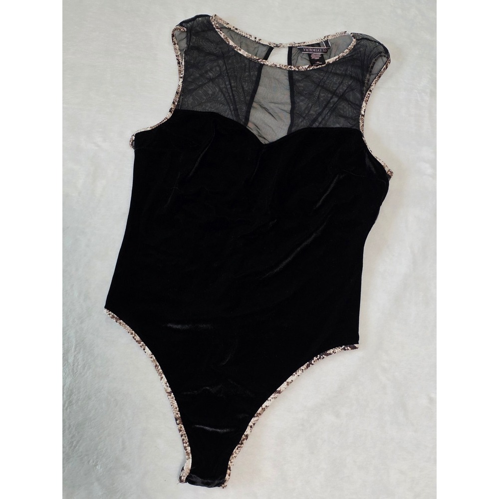 Victoria's Secret Black Velvet Mesh Snakeskin Trim Bodice Top Womens Medium Y2K